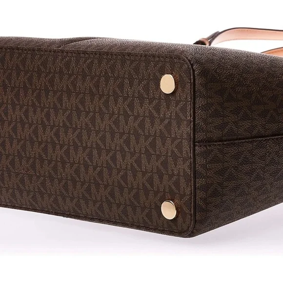 Michael Kors Bedford Medium Pocket Shoulder Tote Brown MK Signature Acorn - Picture 4 of 5